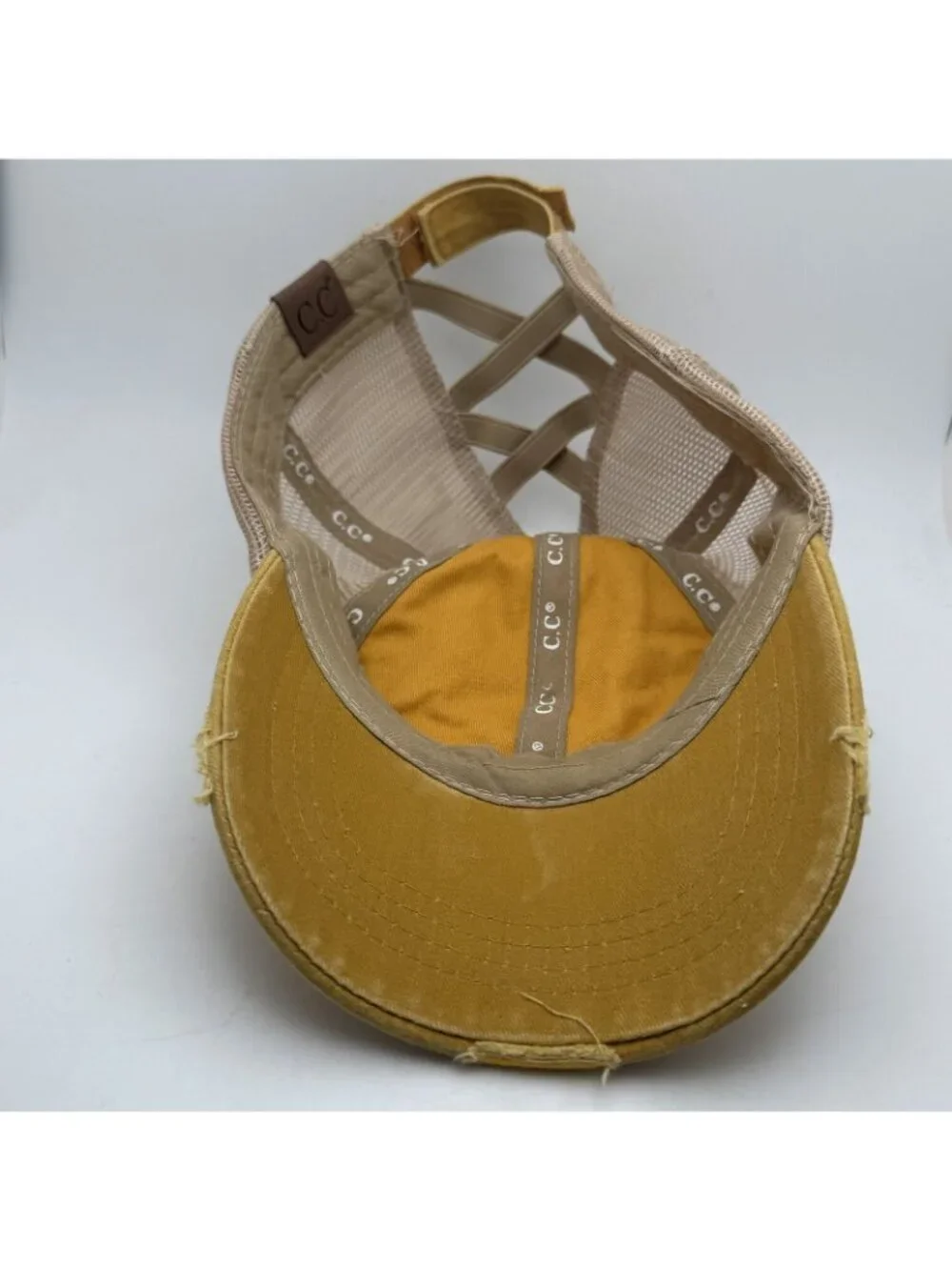 C.C Distressed Criss Cross Ponytail Hat Women's Trucker Baseball Cap Mustard Tan